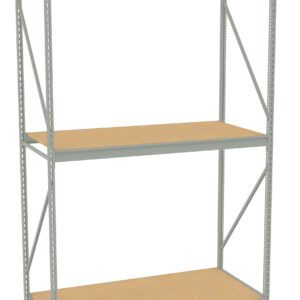 A metal frame shelving unit with three wooden shelves. The structure is sturdy, featuring vertical supports and diagonal braces for stability. The shelves are evenly spaced and designed for storage.