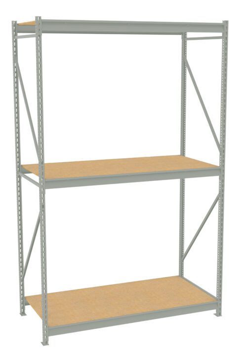 A metal frame shelving unit with three wooden shelves. The structure is sturdy, featuring vertical supports and diagonal braces for stability. The shelves are evenly spaced and designed for storage.