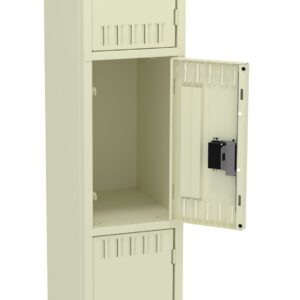 A beige metal locker with three compartments. The middle compartments door is open, showing an empty interior. Each compartment has a black handle and vent slats near the edges. The locker stands on four short legs.