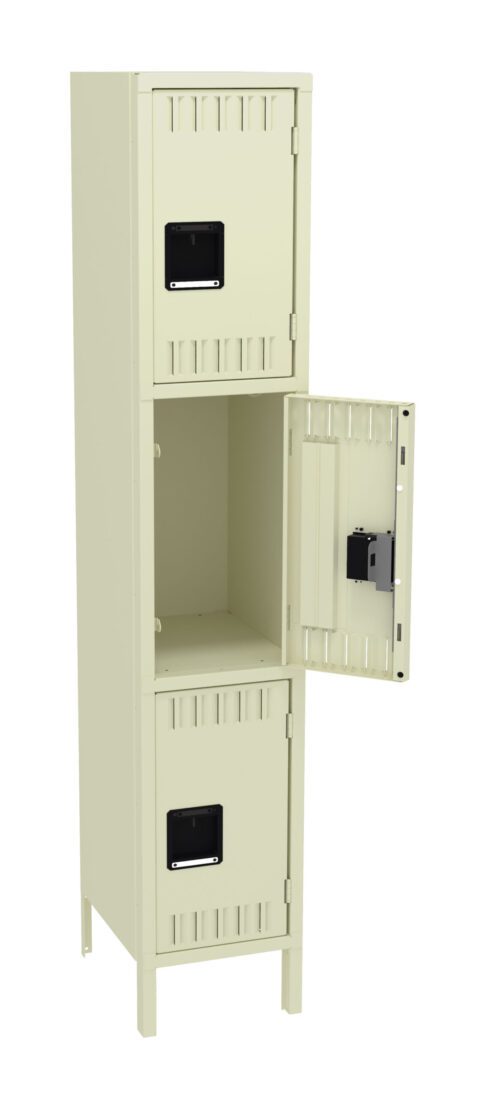 A beige metal locker with three compartments. The middle compartments door is open, showing an empty interior. Each compartment has a black handle and vent slats near the edges. The locker stands on four short legs.