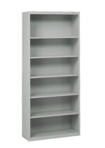 A tall gray metal bookshelf with five adjustable shelves against a white background. The shelves are empty, with evenly spaced slots on the side panels for adjusting the shelf heights.