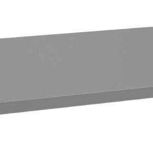 A rectangular, gray, flat shelf viewed at an angle against a white background. The shelf appears smooth with sharp edges and a uniform color.