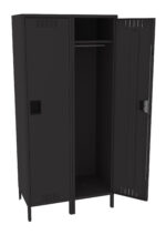 A black metal locker with two doors, one closed on the left and one open on the right. The open section reveals an empty interior with a hanging rod. The locker has a simple, industrial design.
