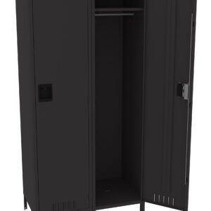 A black metal locker with two doors, one closed on the left and one open on the right. The open section reveals an empty interior with a hanging rod. The locker has a simple, industrial design.