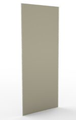 A tall, narrow metallic panel with a slightly reflective surface standing upright. The panel has small, evenly spaced holes along both vertical edges, set against a plain white background.