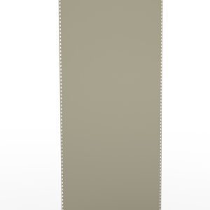 A tall, narrow metallic panel with a slightly reflective surface standing upright. The panel has small, evenly spaced holes along both vertical edges, set against a plain white background.