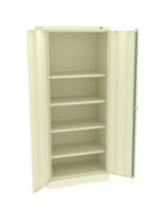 A light-colored, tall metal storage cabinet with its two doors open, revealing five empty shelves inside. The cabinet has a simple design suitable for organizing supplies or equipment.
