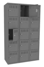 Three gray metal locker units with multiple small individual compartments, some left open. Each locker has a vented door and a locking mechanism. The design is compact and orderly, suitable for securing personal items.