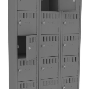 Three gray metal locker units with multiple small individual compartments, some left open. Each locker has a vented door and a locking mechanism. The design is compact and orderly, suitable for securing personal items.