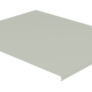 A flat, rectangular piece of light gray metal with a slight bend on one edge, resting on a white background.