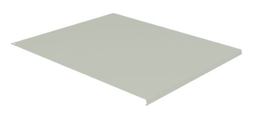 A flat, rectangular piece of light gray metal with a slight bend on one edge, resting on a white background.
