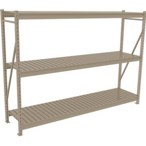 A beige, three-tier metal shelving unit with slatted shelves. The sturdy, industrial design is suitable for storage, organizing, or displaying items. The structure is freestanding with reinforced corners for stability.