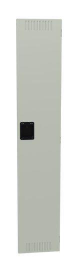 A tall, rectangular, gray metal cabinet with vent slots on the top and bottom. It features a black handle in the center for opening. The cabinet is plain and has no visible markings or labels.