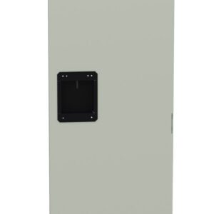 A tall, rectangular, gray metal cabinet with vent slots on the top and bottom. It features a black handle in the center for opening. The cabinet is plain and has no visible markings or labels.