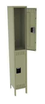 A tall, light green metal locker with two compartments: the top door is open, revealing an empty interior, and the bottom door is closed. Both doors have ventilation slits and black handles. The locker stands on four legs.