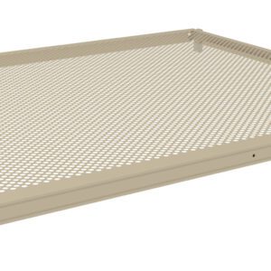 A beige rectangular metal shelf with a perforated surface and sturdy corners, viewed from an angle.