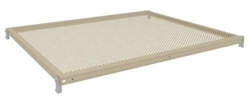 A beige rectangular metal shelf with a perforated surface and sturdy corners, viewed from an angle.