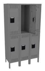A gray metal locker unit with six compartments, arranged in two rows of three. The top middle door is slightly open, revealing the empty interior. Each door has a black handle and small ventilation slots.