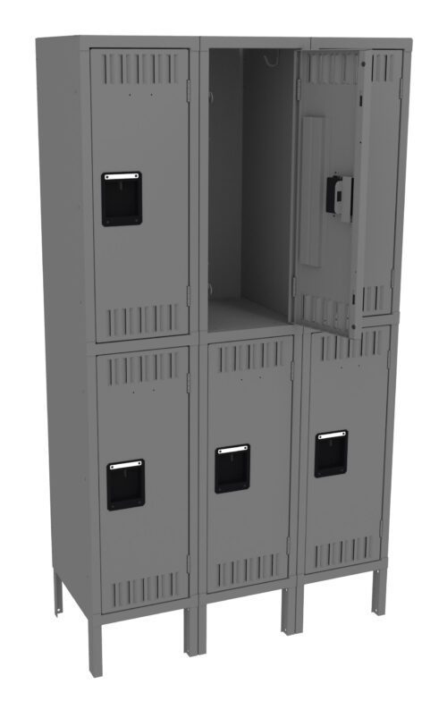er5ybrniy25szxpon5aj.jpg A gray metal locker unit with six compartments, arranged in two rows of three. The top middle door is slightly open, revealing the empty interior. Each door has a black handle and small ventilation slots.