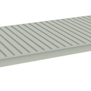 A rectangular metal shelf with a ribbed, slatted surface and a solid frame, designed for a shelving unit. The color is a muted grey, and the shelf has mounting brackets at each corner for installation.