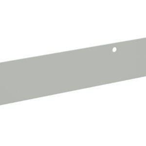 A long, flat metal strip with two small notches on one end and a single hole near the center, set against a plain white background.
