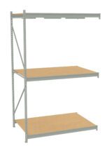Industrial-style metal shelving unit with three wooden shelves. The frame is light gray and the shelves are evenly spaced, providing ample storage space. The design is simple and functional, suitable for warehouses or garages.