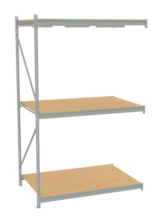 Industrial-style metal shelving unit with three wooden shelves. The frame is light gray and the shelves are evenly spaced, providing ample storage space. The design is simple and functional, suitable for warehouses or garages.