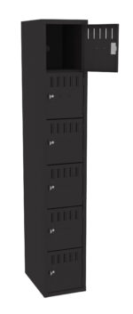 A tall, black metal locker with a sleek design, featuring eight compartments stacked vertically. The top compartment door is open, revealing an empty interior. Each compartment has a small lock mechanism.