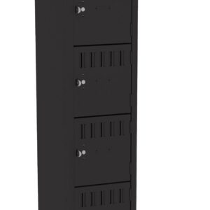 A tall, black metal locker with a sleek design, featuring eight compartments stacked vertically. The top compartment door is open, revealing an empty interior. Each compartment has a small lock mechanism.