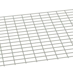Angled view of a rectangular metal grid with evenly spaced square openings, resembling a mesh or grate. The grid is laid flat against a white background.