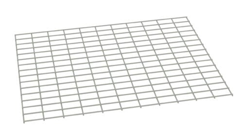 Angled view of a rectangular metal grid with evenly spaced square openings, resembling a mesh or grate. The grid is laid flat against a white background.