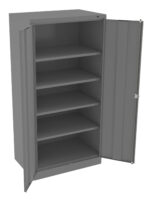 A gray metal storage cabinet with two open doors, revealing five empty shelves inside. The cabinet stands on a flat surface and is designed for organizing tools or equipment.