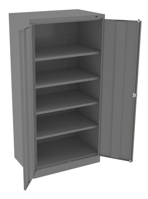 esjxeyqpydodsi0dm6p7.jpg A gray metal storage cabinet with two open doors, revealing five empty shelves inside. The cabinet stands on a flat surface and is designed for organizing tools or equipment.