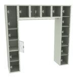 A U-shaped set of metal lockers in light gray color. The lockers have twelve compartments on the side columns and four across the top, with one opened door on the left showing metal latches inside.