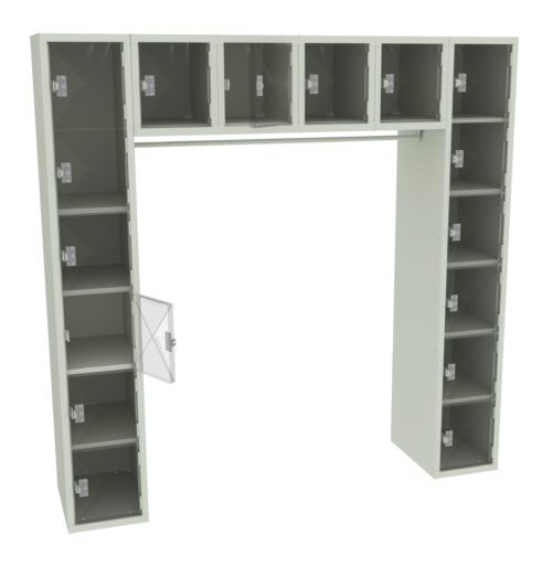 A U-shaped set of metal lockers in light gray color. The lockers have twelve compartments on the side columns and four across the top, with one opened door on the left showing metal latches inside.
