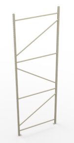 A single, tall, beige metal shelving frame with multiple horizontal and diagonal support bars extending between two vertical bars. The frame is standing upright against a plain white background.