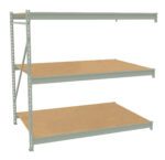 Industrial shelving unit with three wooden shelves and a light gray metal frame. The shelves are evenly spaced and the frame has support beams for stability. The design is simple and functional, suitable for storage purposes.