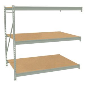 Industrial shelving unit with three wooden shelves and a light gray metal frame. The shelves are evenly spaced and the frame has support beams for stability. The design is simple and functional, suitable for storage purposes.