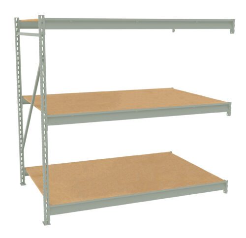 Industrial shelving unit with three wooden shelves and a light gray metal frame. The shelves are evenly spaced and the frame has support beams for stability. The design is simple and functional, suitable for storage purposes.
