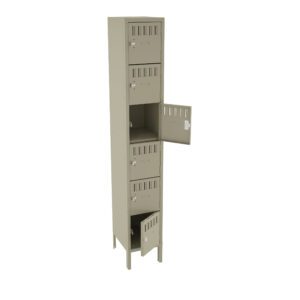 A tall, beige metal locker with multiple compartments. Some compartments are open, showing their interior, while others are closed. The locker stands upright on a white background.