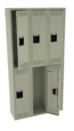 A beige metal locker unit with six compartments arranged in two rows of three. Each compartment has ventilation slots and a black lockable handle. One of the lower right compartment doors is open, showing the empty interior.