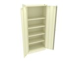 A tall, cream-colored metal storage cabinet with two open doors, revealing five evenly spaced shelves inside. The shelves are empty, and the cabinet has a simple, utilitarian design.
