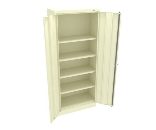 etfsrzaucbcx1ieoy7if.jpg A tall, cream-colored metal storage cabinet with two open doors, revealing five evenly spaced shelves inside. The shelves are empty, and the cabinet has a simple, utilitarian design.