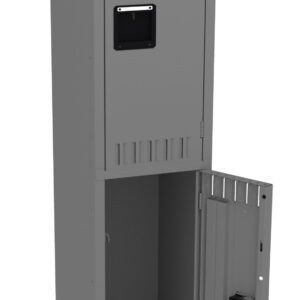 A tall, gray metal locker with two compartments. The upper compartment is closed, while the lower compartments door is open, revealing empty interior space. Each door features a small handle and ventilation slits.
