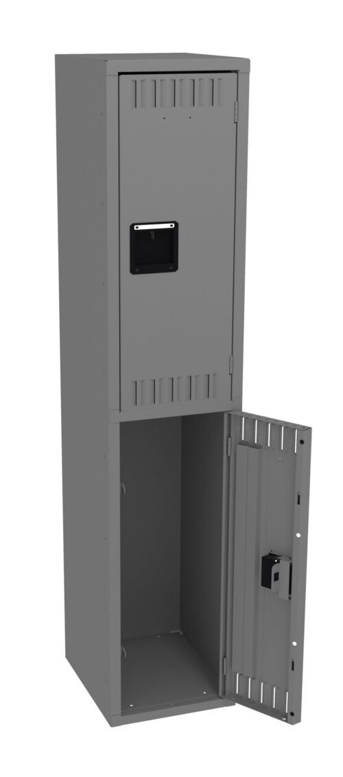 A tall, gray metal locker with two compartments. The upper compartment is closed, while the lower compartments door is open, revealing empty interior space. Each door features a small handle and ventilation slits.