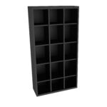 A black, rectangular shelving unit with eighteen square compartments arranged in a 3x6 grid. The unit is standing upright on a white background.