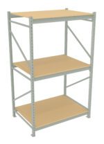 A three-tier industrial metal shelving unit with beige particleboard shelves and gray metal frame, visible from a front angle on a white background.