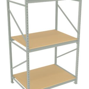 A three-tier industrial metal shelving unit with beige particleboard shelves and gray metal frame, visible from a front angle on a white background.