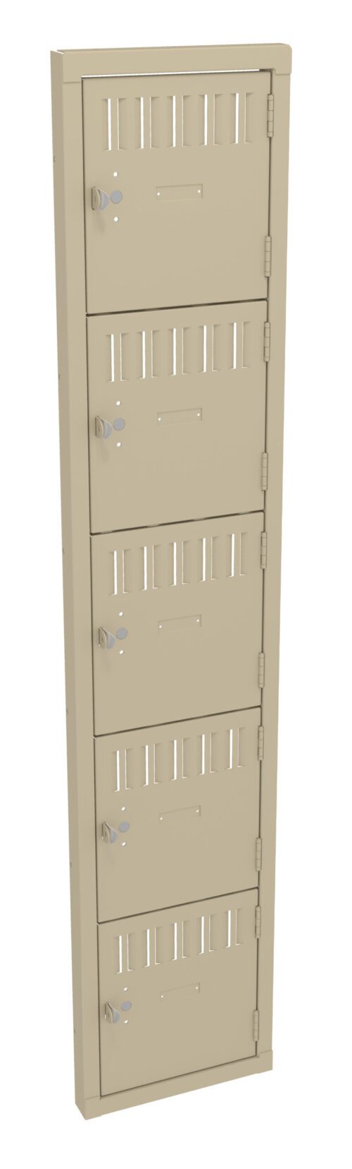 A vertical row of five tan metal lockers with small ventilation slits and key locks. Each locker has a silver handle, and the lockers are arranged in a single column. The image is on a white background.