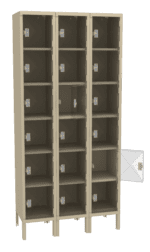 Three beige metal lockers with a total of nine compartments are shown, with one door slightly open, revealing empty interior shelves. The lockers are designed for storage and are standing on four legs.